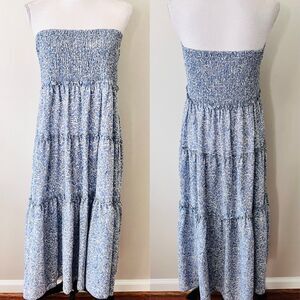 She & Sky Blue Floral Smocked Tiered Maxi Dress or Skirt Boho Beachy Resort - Lg